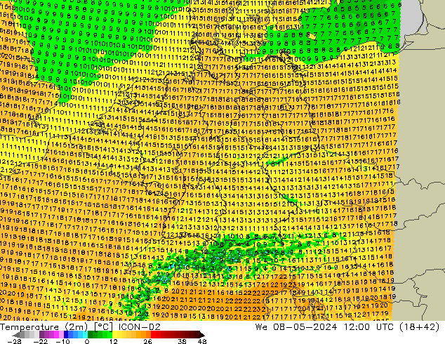 Temperatuurkaart (2m) ICON-D2 wo 08.05.2024 12 UTC