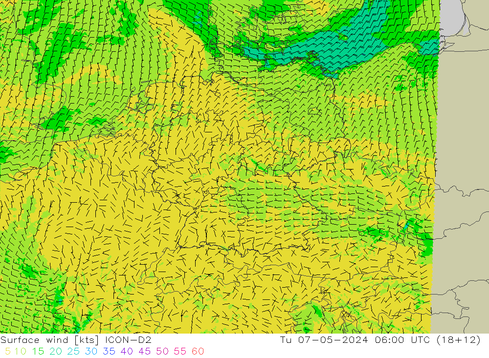 Surface wind ICON-D2 Tu 07.05.2024 06 UTC