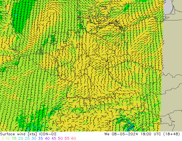 Surface wind ICON-D2 We 08.05.2024 18 UTC