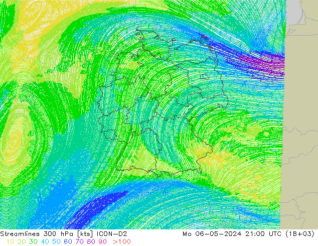 ветер 300 гПа ICON-D2 пн 06.05.2024 21 UTC