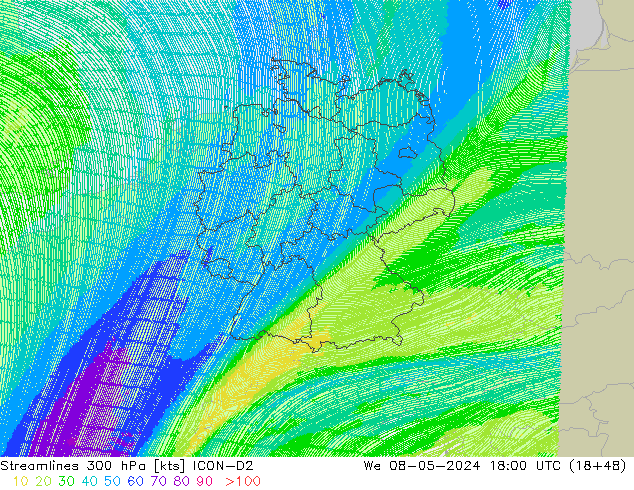 Linha de corrente 300 hPa ICON-D2 Qua 08.05.2024 18 UTC