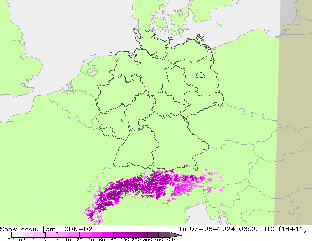 Schneemenge ICON-D2 Di 07.05.2024 06 UTC