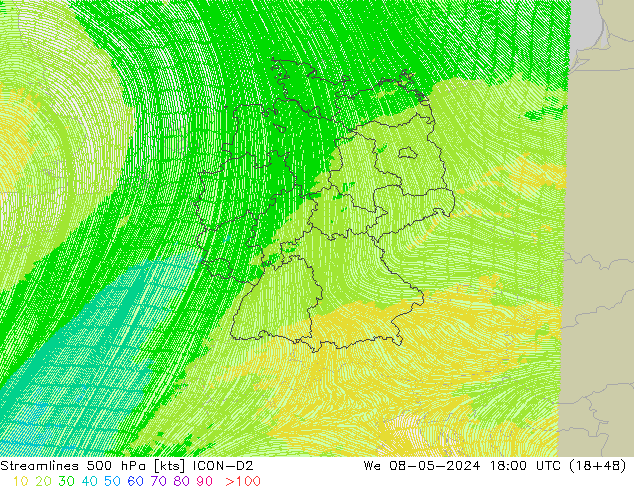 Streamlines 500 hPa ICON-D2 We 08.05.2024 18 UTC