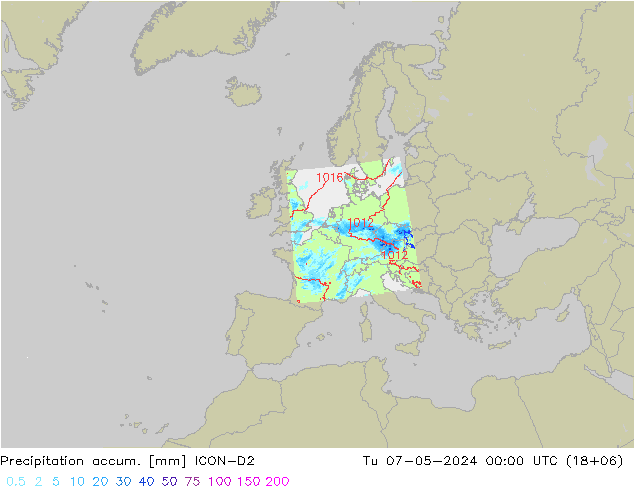 Precipitation accum. ICON-D2 Tu 07.05.2024 00 UTC