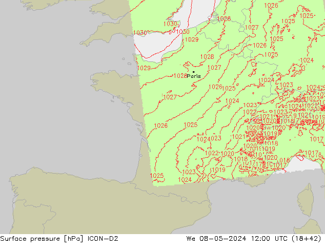 Yer basıncı ICON-D2 Çar 08.05.2024 12 UTC