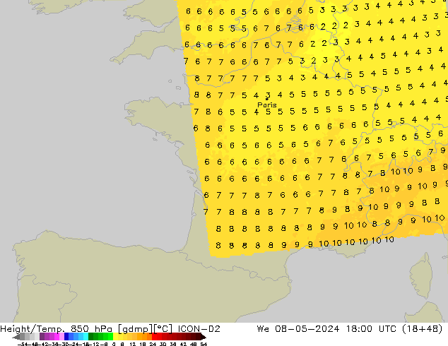 Height/Temp. 850 hPa ICON-D2 We 08.05.2024 18 UTC