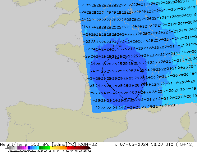 Height/Temp. 500 hPa ICON-D2 Di 07.05.2024 06 UTC