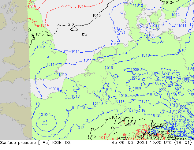 Atmosférický tlak ICON-D2 Po 06.05.2024 19 UTC