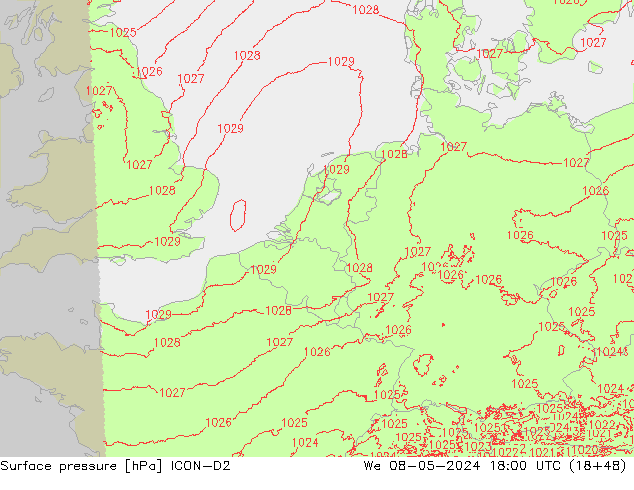 Surface pressure ICON-D2 We 08.05.2024 18 UTC