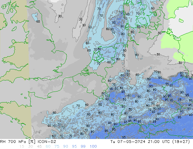 RH 700 hPa ICON-D2 Tu 07.05.2024 21 UTC