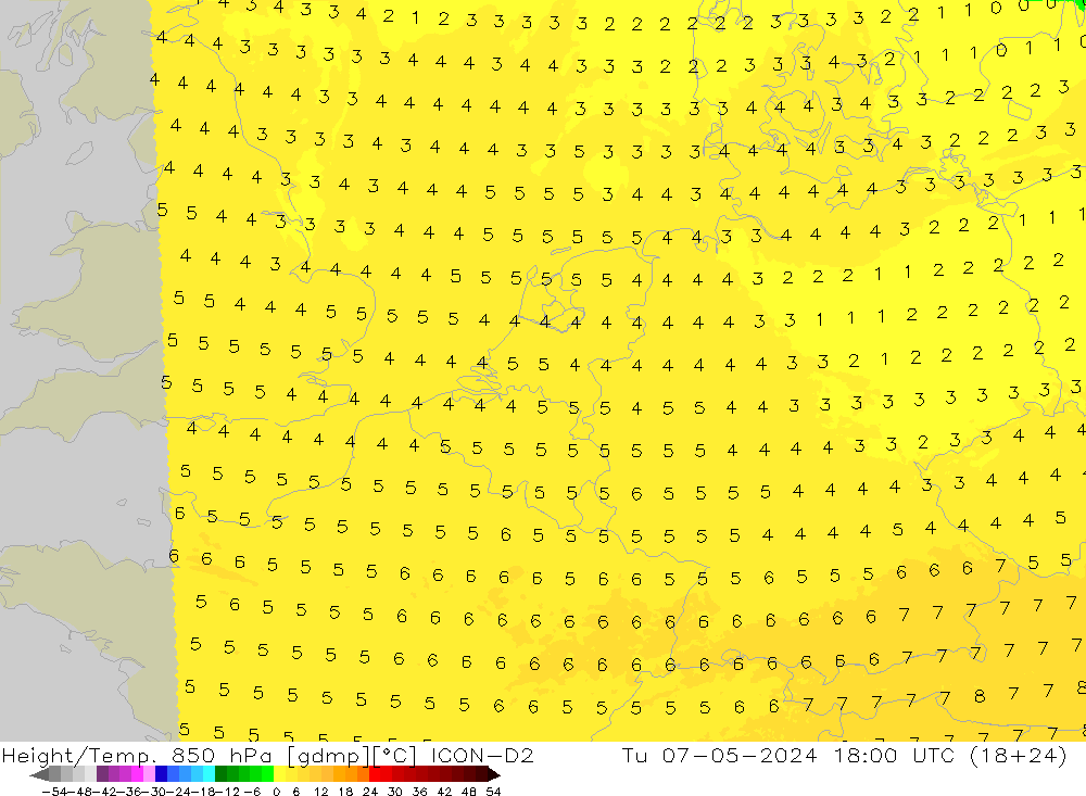 Géop./Temp. 850 hPa ICON-D2 mar 07.05.2024 18 UTC