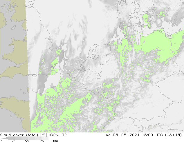 Nubes (total) ICON-D2 mié 08.05.2024 18 UTC