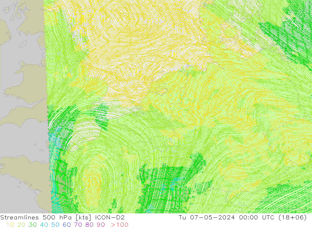 Linea di flusso 500 hPa ICON-D2 mar 07.05.2024 00 UTC