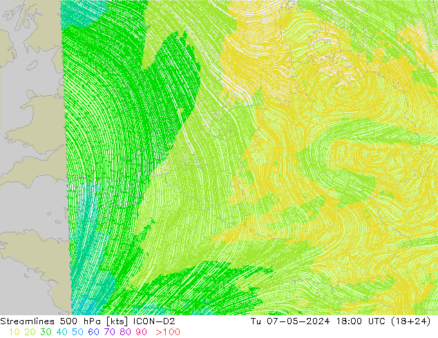 Linia prądu 500 hPa ICON-D2 wto. 07.05.2024 18 UTC