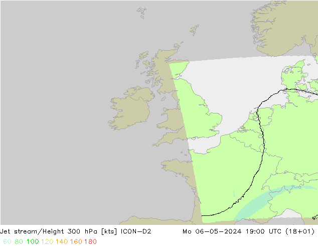 Corriente en chorro ICON-D2 lun 06.05.2024 19 UTC