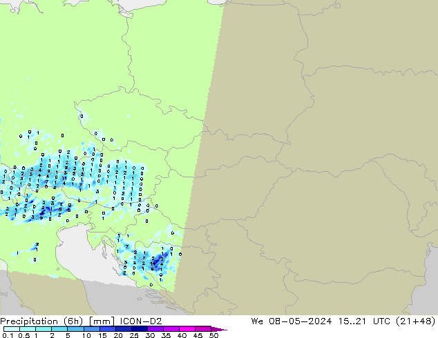 Precipitation (6h) ICON-D2 We 08.05.2024 21 UTC