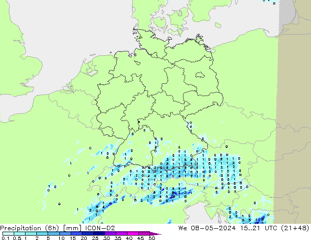 Precipitación (6h) ICON-D2 mié 08.05.2024 21 UTC