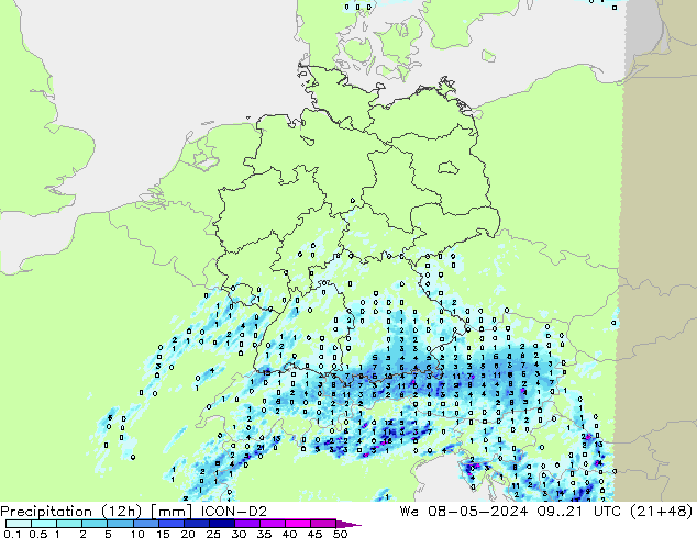 Precipitación (12h) ICON-D2 mié 08.05.2024 21 UTC