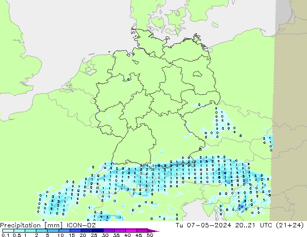 Neerslag ICON-D2 di 07.05.2024 21 UTC