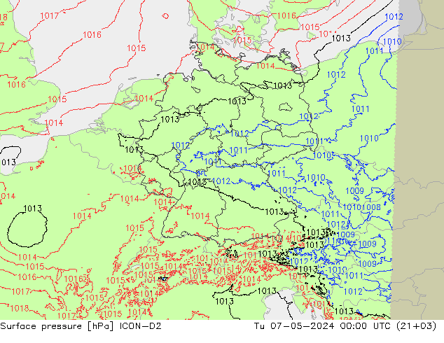 地面气压 ICON-D2 星期二 07.05.2024 00 UTC