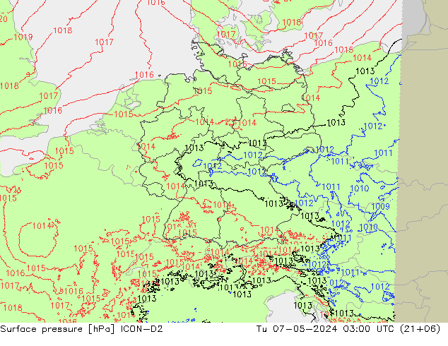 地面气压 ICON-D2 星期二 07.05.2024 03 UTC