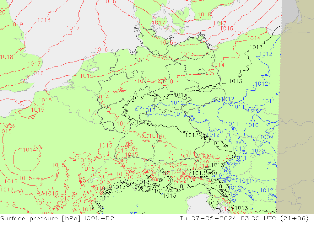 pressão do solo ICON-D2 Ter 07.05.2024 03 UTC