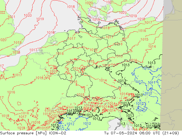 Atmosférický tlak ICON-D2 Út 07.05.2024 06 UTC