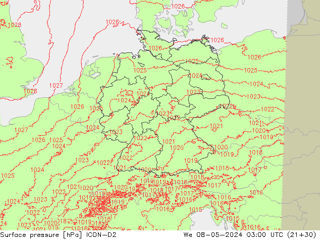 Surface pressure ICON-D2 We 08.05.2024 03 UTC