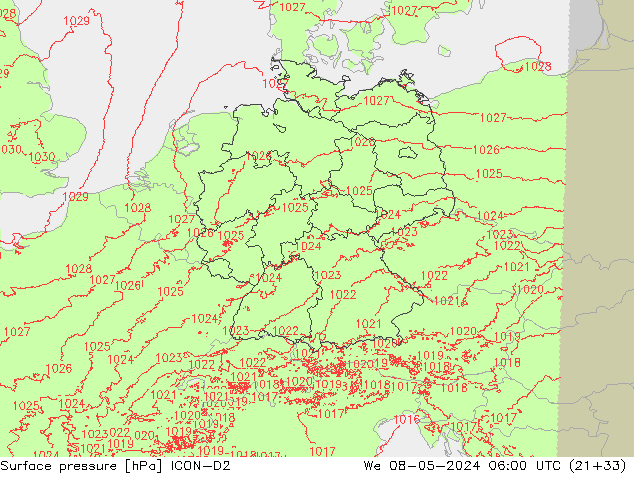 Pressione al suolo ICON-D2 mer 08.05.2024 06 UTC