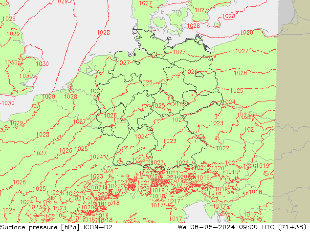 Surface pressure ICON-D2 We 08.05.2024 09 UTC