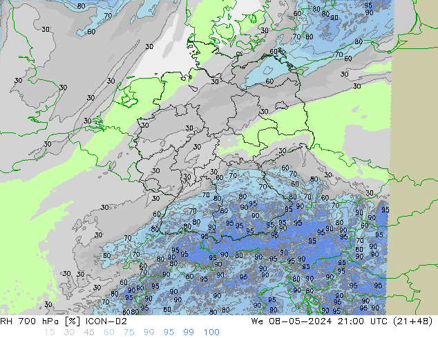 Humedad rel. 700hPa ICON-D2 mié 08.05.2024 21 UTC