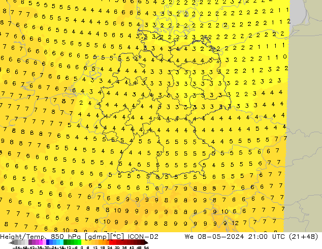 Géop./Temp. 850 hPa ICON-D2 mer 08.05.2024 21 UTC