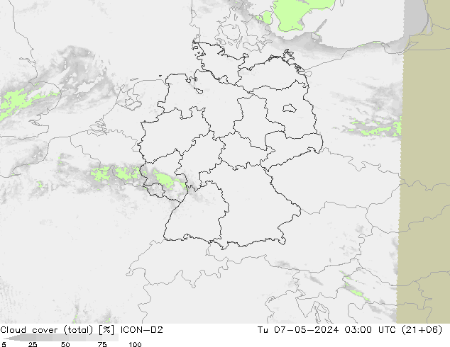Nubes (total) ICON-D2 mar 07.05.2024 03 UTC