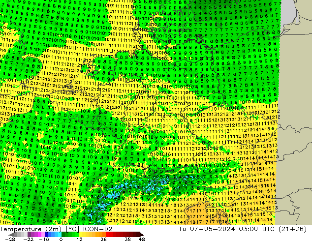 Temperaturkarte (2m) ICON-D2 Di 07.05.2024 03 UTC