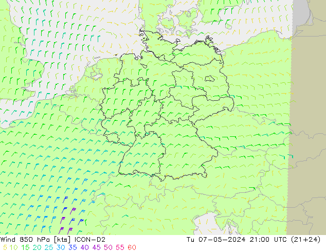 Wind 850 hPa ICON-D2 Di 07.05.2024 21 UTC