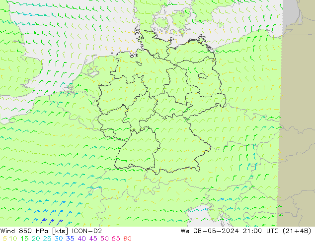 wiatr 850 hPa ICON-D2 śro. 08.05.2024 21 UTC