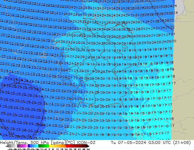 Hoogte/Temp. 500 hPa ICON-D2 di 07.05.2024 03 UTC