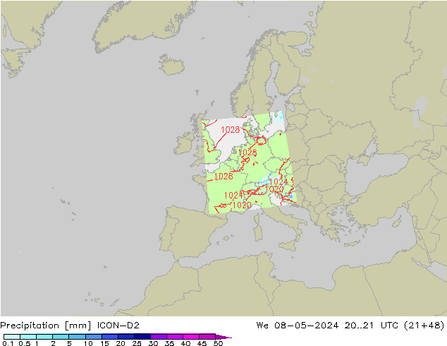 Niederschlag ICON-D2 Mi 08.05.2024 21 UTC