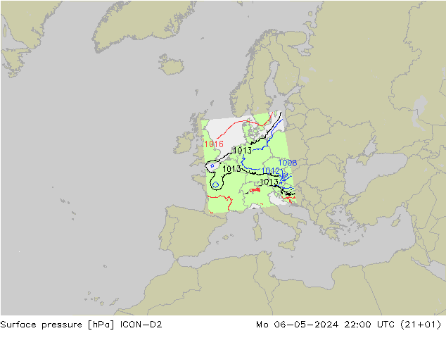 Pressione al suolo ICON-D2 lun 06.05.2024 22 UTC