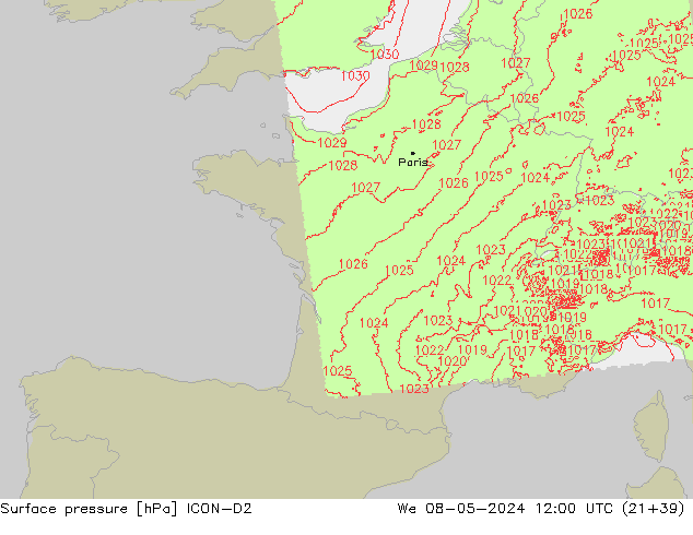 Surface pressure ICON-D2 We 08.05.2024 12 UTC