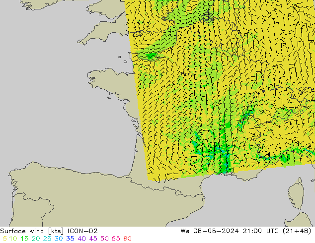 Vent 10 m ICON-D2 mer 08.05.2024 21 UTC