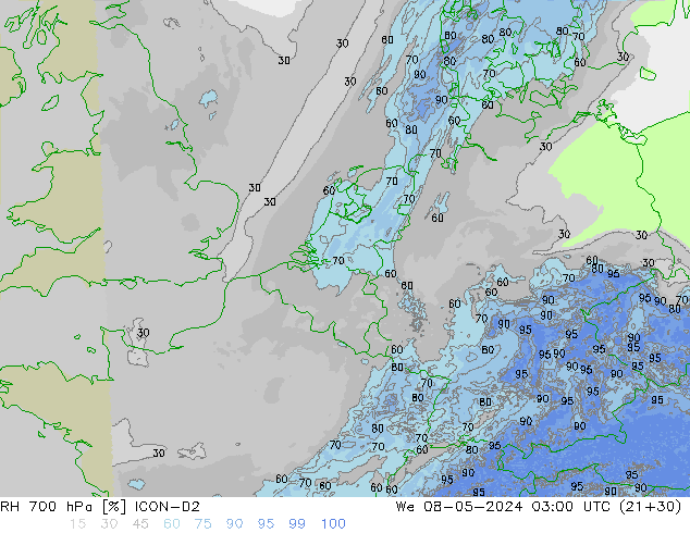 Humidité rel. 700 hPa ICON-D2 mer 08.05.2024 03 UTC