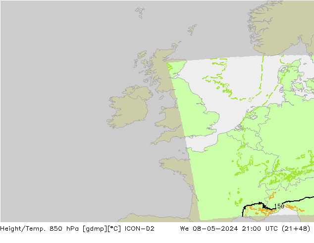 Geop./Temp. 850 hPa ICON-D2 mié 08.05.2024 21 UTC