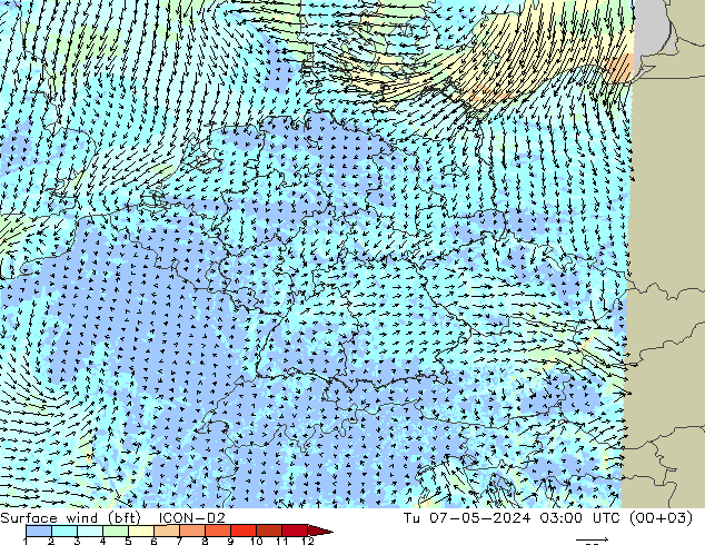 Surface wind (bft) ICON-D2 Út 07.05.2024 03 UTC