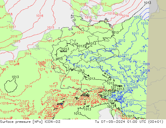 Atmosférický tlak ICON-D2 Út 07.05.2024 01 UTC