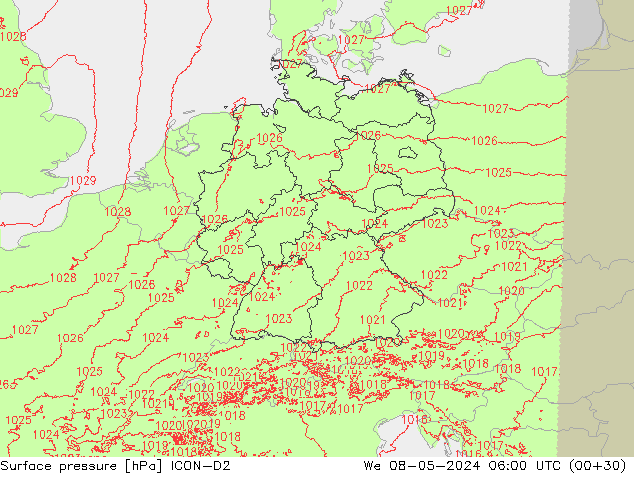 Atmosférický tlak ICON-D2 St 08.05.2024 06 UTC
