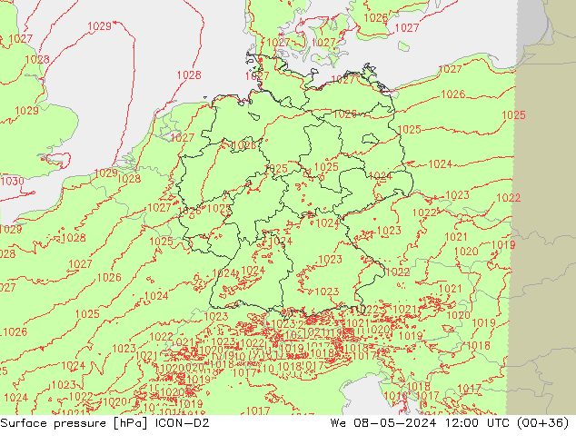 Bodendruck ICON-D2 Mi 08.05.2024 12 UTC