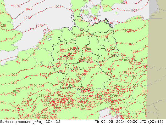 Surface pressure ICON-D2 Th 09.05.2024 00 UTC