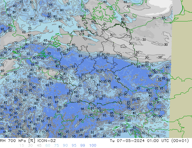 RH 700 гПа ICON-D2 вт 07.05.2024 01 UTC