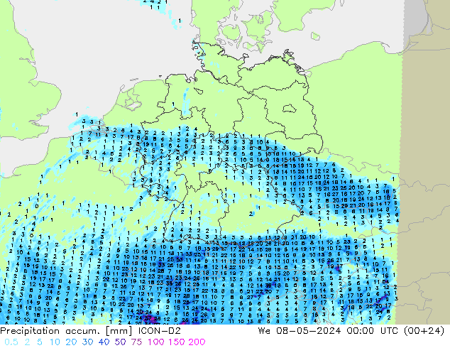 Precipitation accum. ICON-D2 ср 08.05.2024 00 UTC